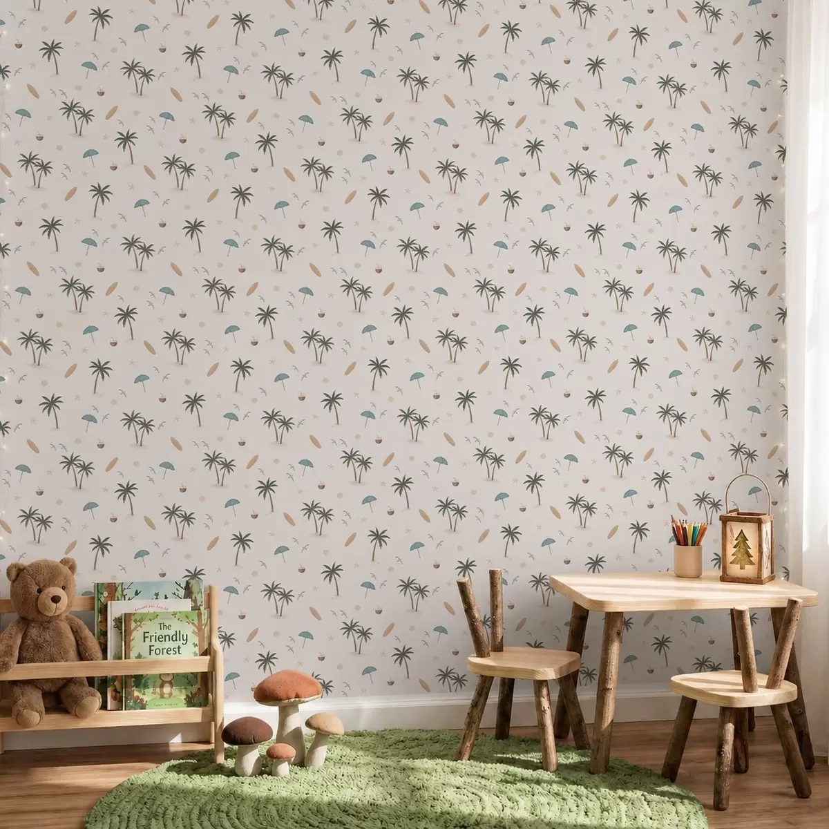 Tapety Tropické palmy, vtáky a slnečníky na svetlom pozadí a01280