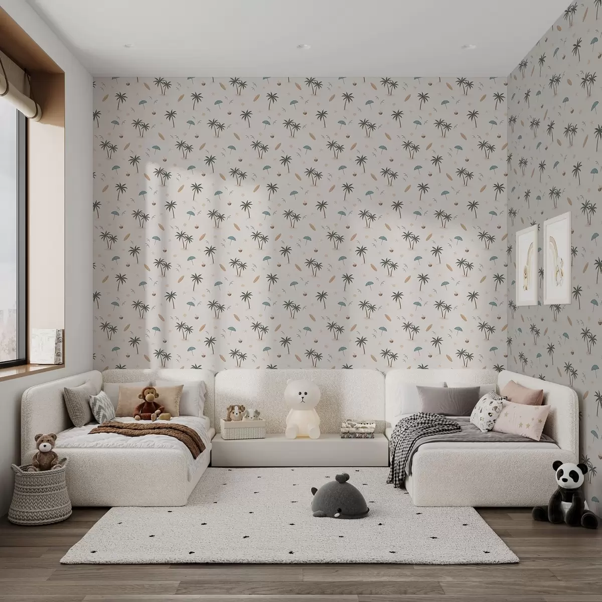 Tapety Tropické palmy, vtáky a slnečníky na svetlom pozadí a01280