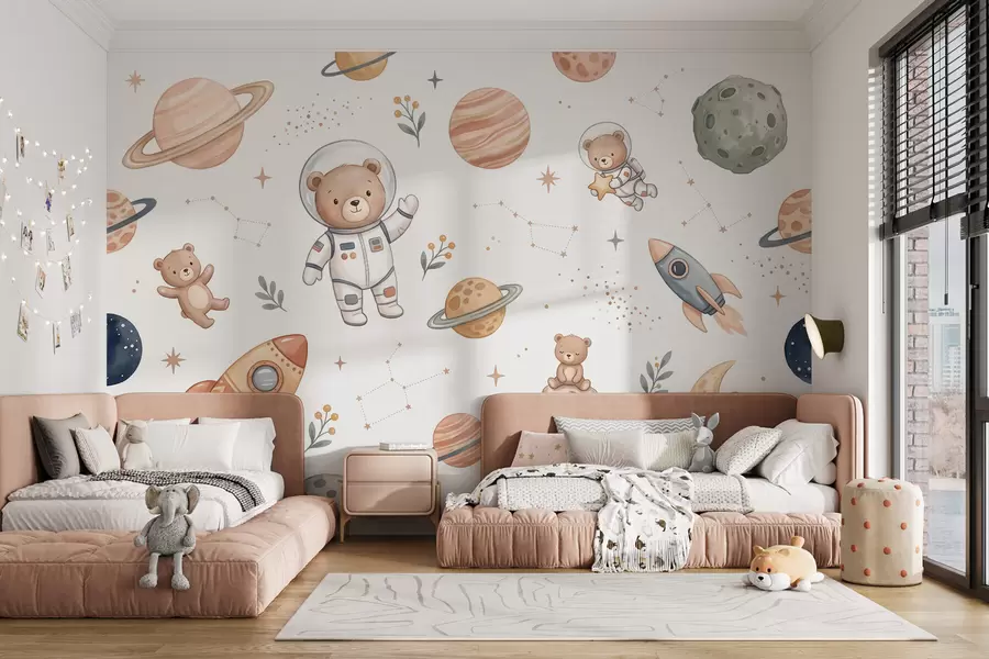 Fototapety Roztomilí medvedíkoví astronauti medzi planétami, raketami a hviezdami v jemnom pastelovom akvarelovom štýle w10096