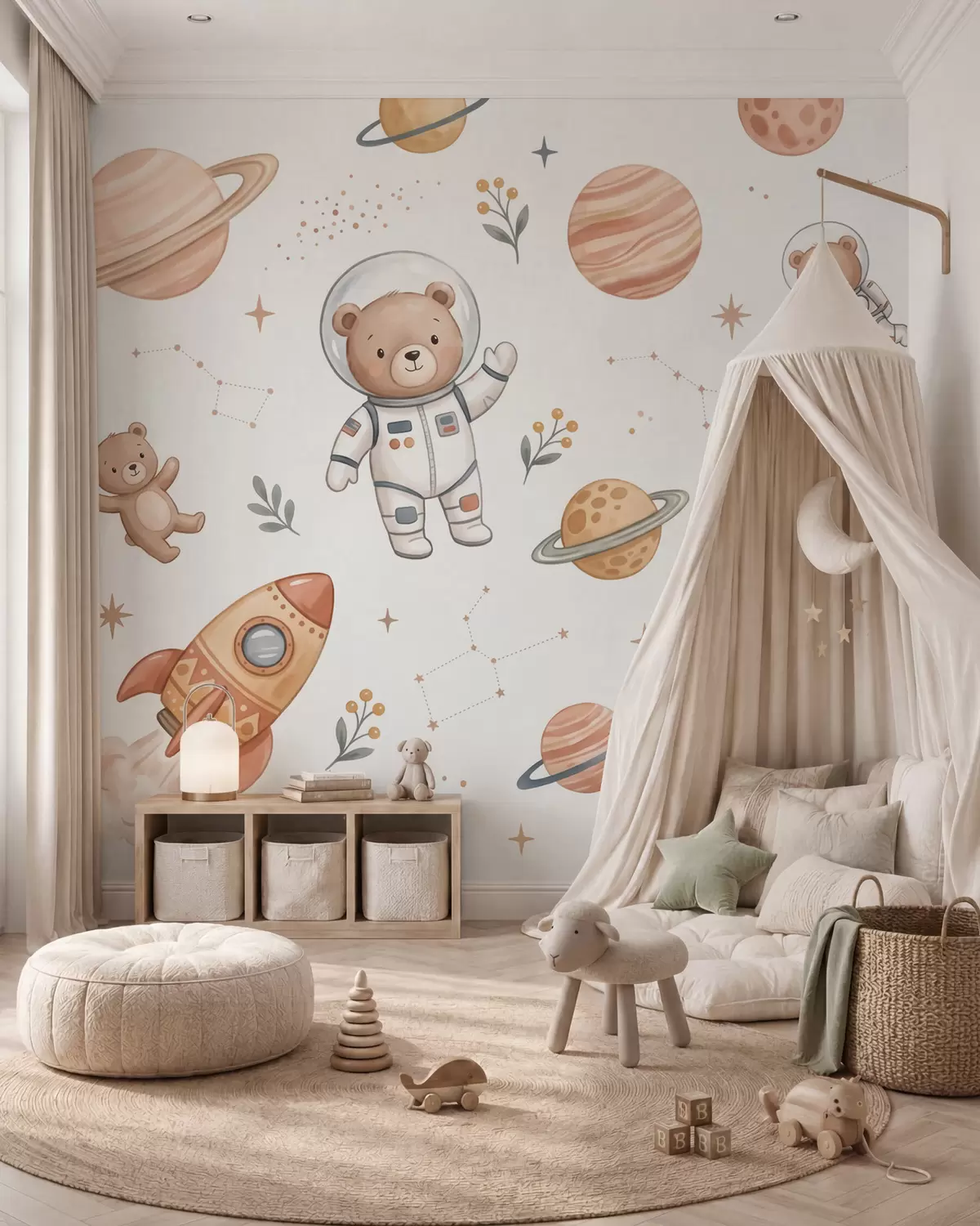 Fototapety Roztomilí medvedíkoví astronauti medzi planétami, raketami a hviezdami v jemnom pastelovom akvarelovom štýle w10096