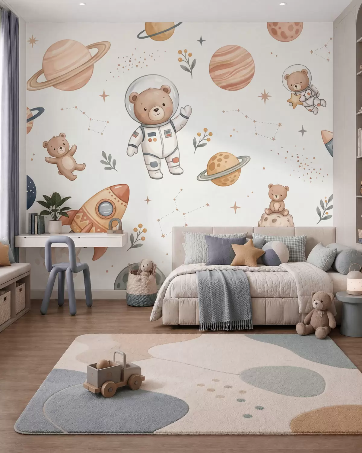 Fototapety Roztomilí medvedíkoví astronauti medzi planétami, raketami a hviezdami v jemnom pastelovom akvarelovom štýle w10096