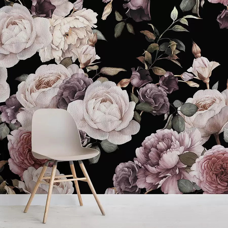 Fototapety Ruža tapeta vintage - kvety vo fialových a ružových tónoch - ideálne do postele a obývačky u93612
