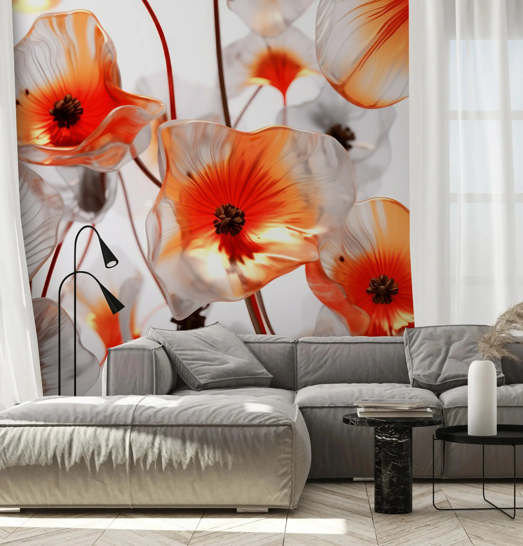 Fototapety Sklenené červené 3D kvety u95590