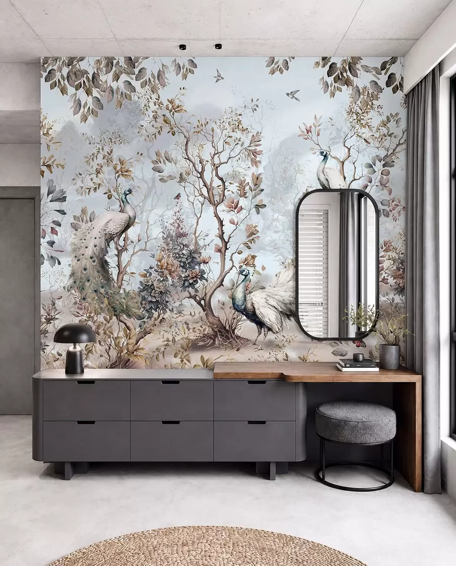 Fototapety Chinoiserie Čínske rastliny a pávy u94849