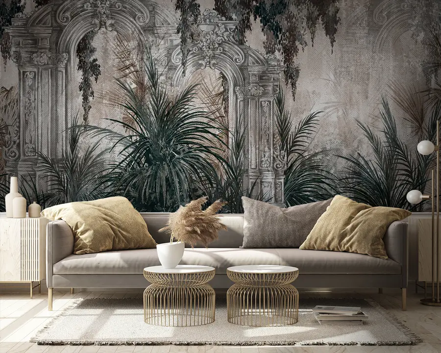 Fototapety Staroveká architektúra s tropickými listami u95500