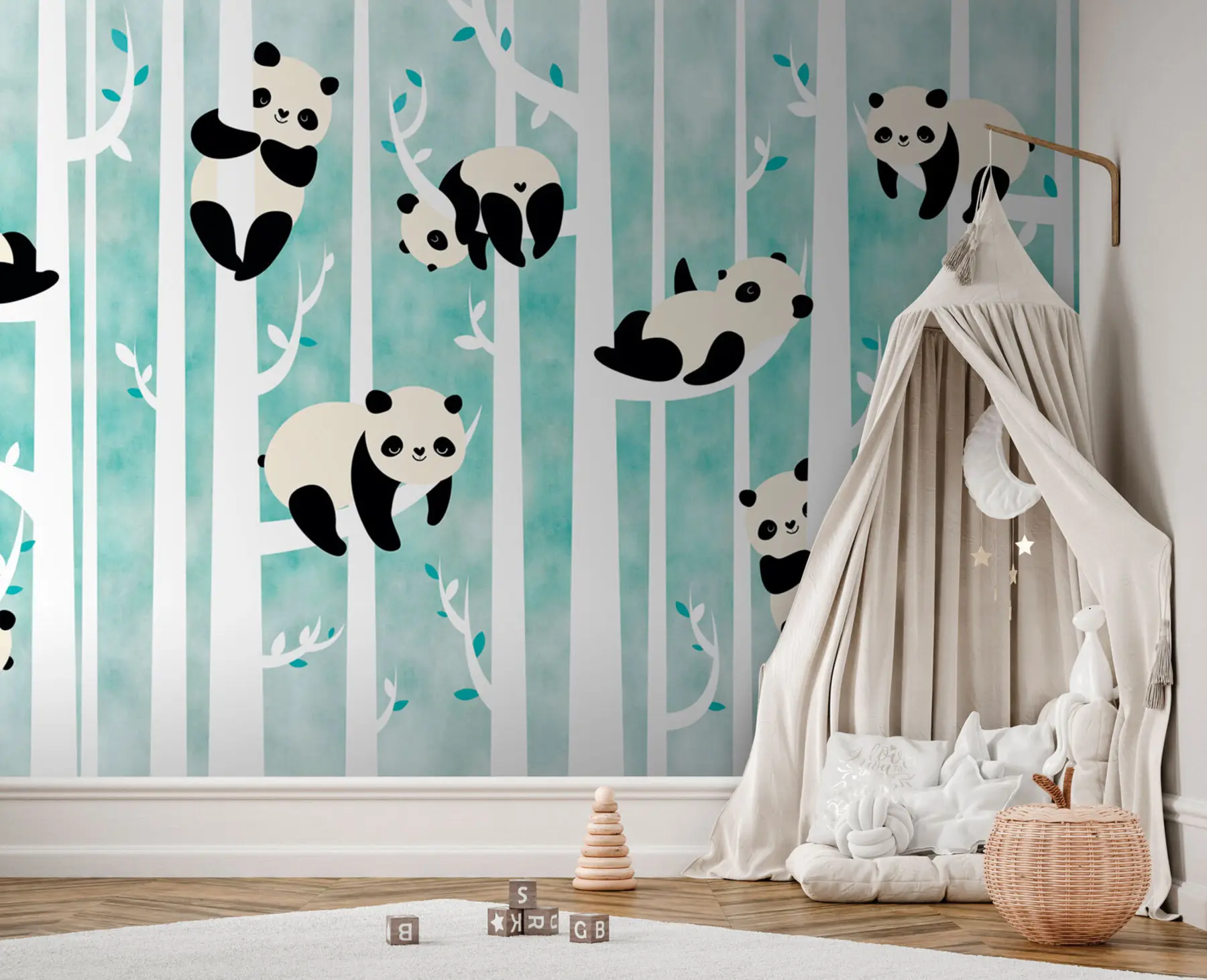 Fototapety Veselé čínske rozprávkové pandy na stromoch do detskej izbičky u95025