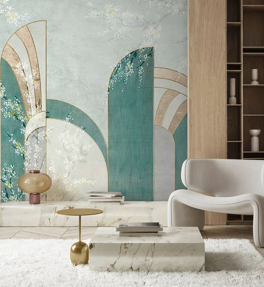 Fototapety Medzi panelmi sa objavujú kvetinové vetvy u96316