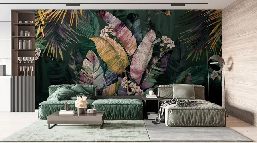 Fototapety Farebné banánové a palmové listy u94155