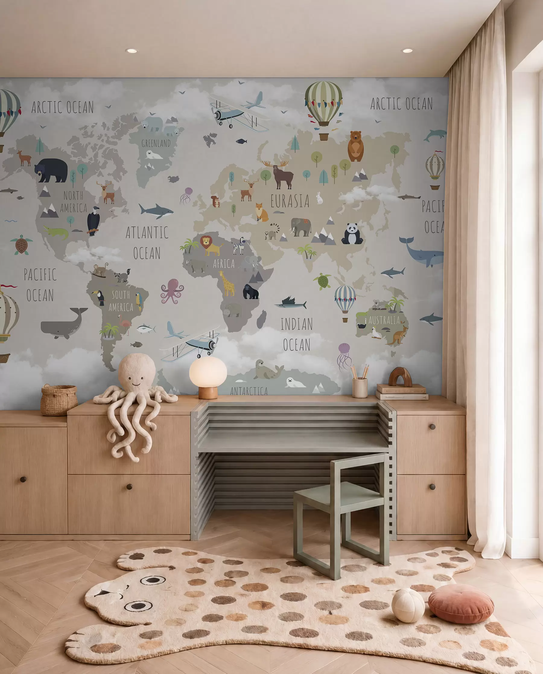 Fototapety Mapa sveta so zvieratami a balónikmi u96461