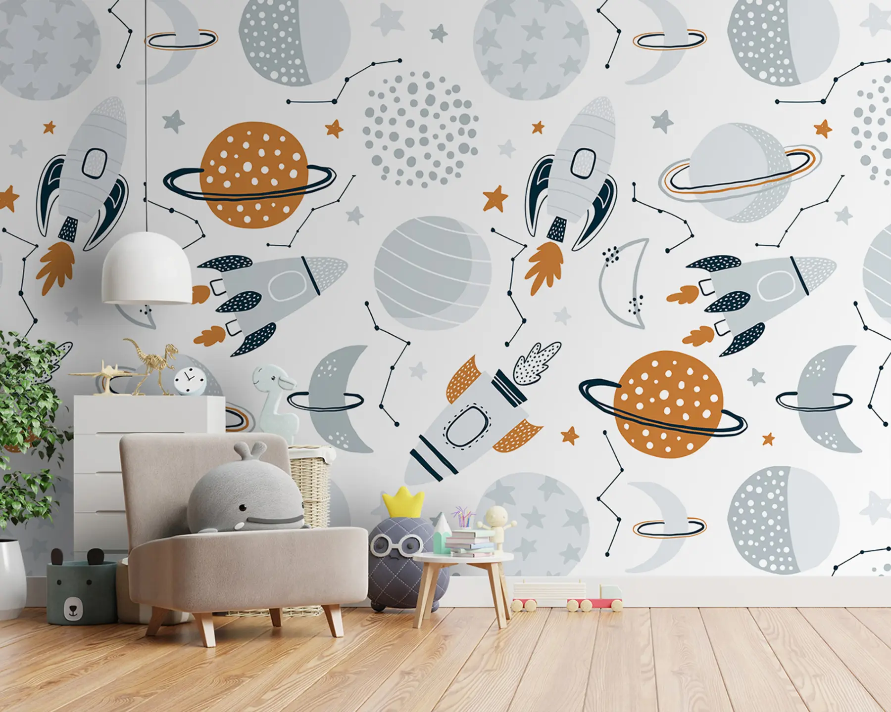 Fototapety Priestor s planétami, hviezdami, súhvezdiami, raketami, vesmírnymi loďami u96582