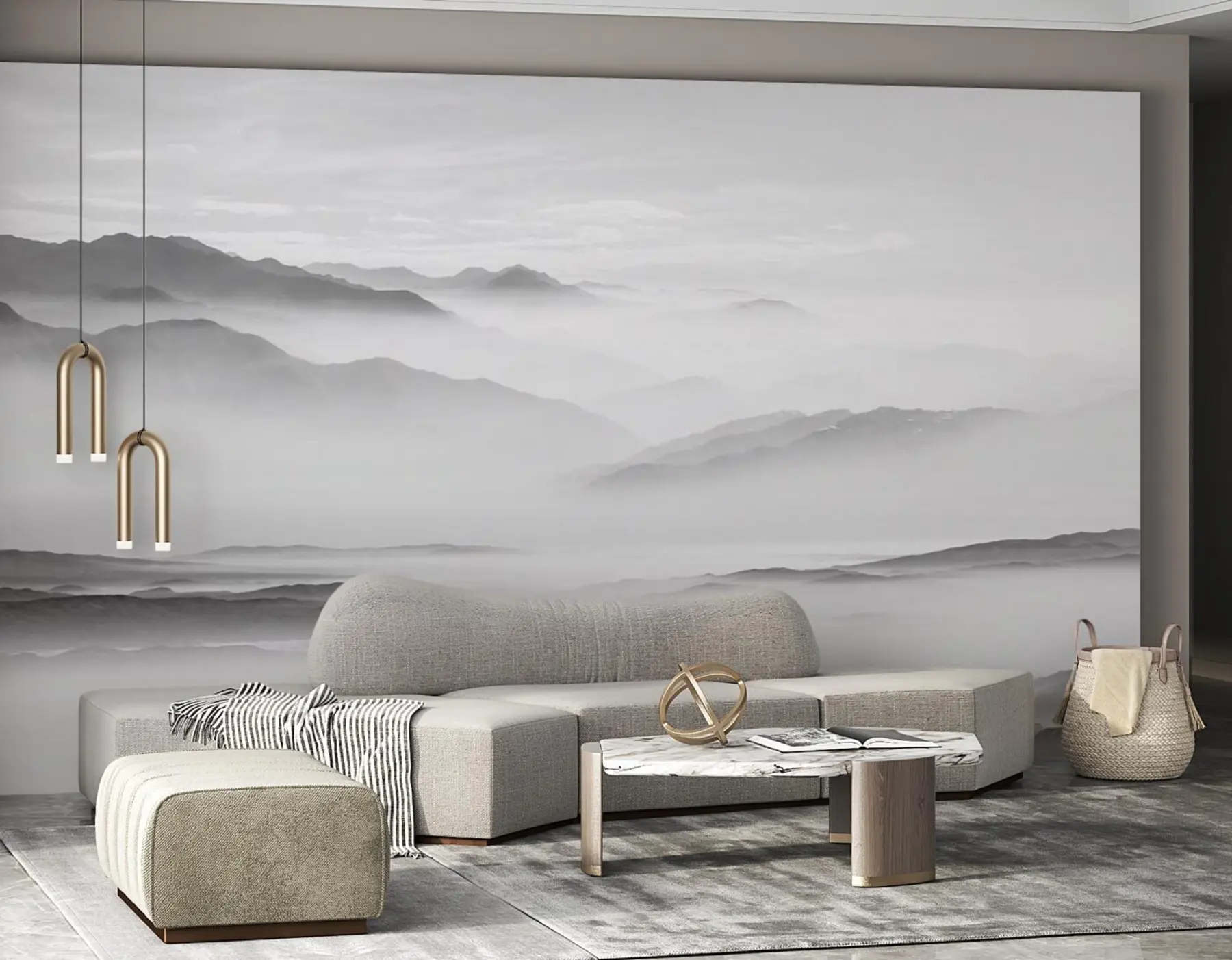 Fototapety Pohľad na sivé hory v hmle minimalizmus monochromatický u96922