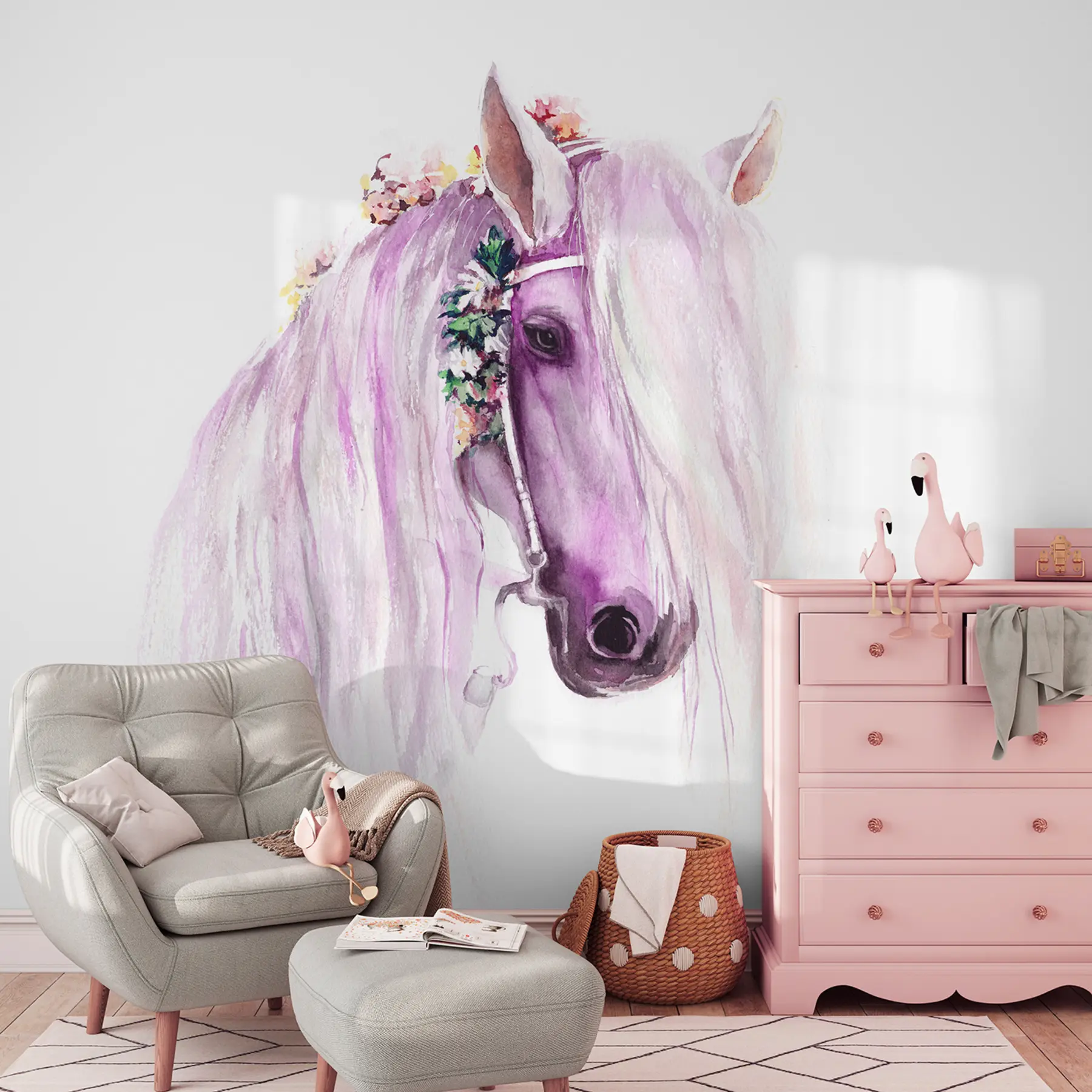 Fototapety Modrý kôň s kvetmi v hrive vo fialových farbách u93591v1