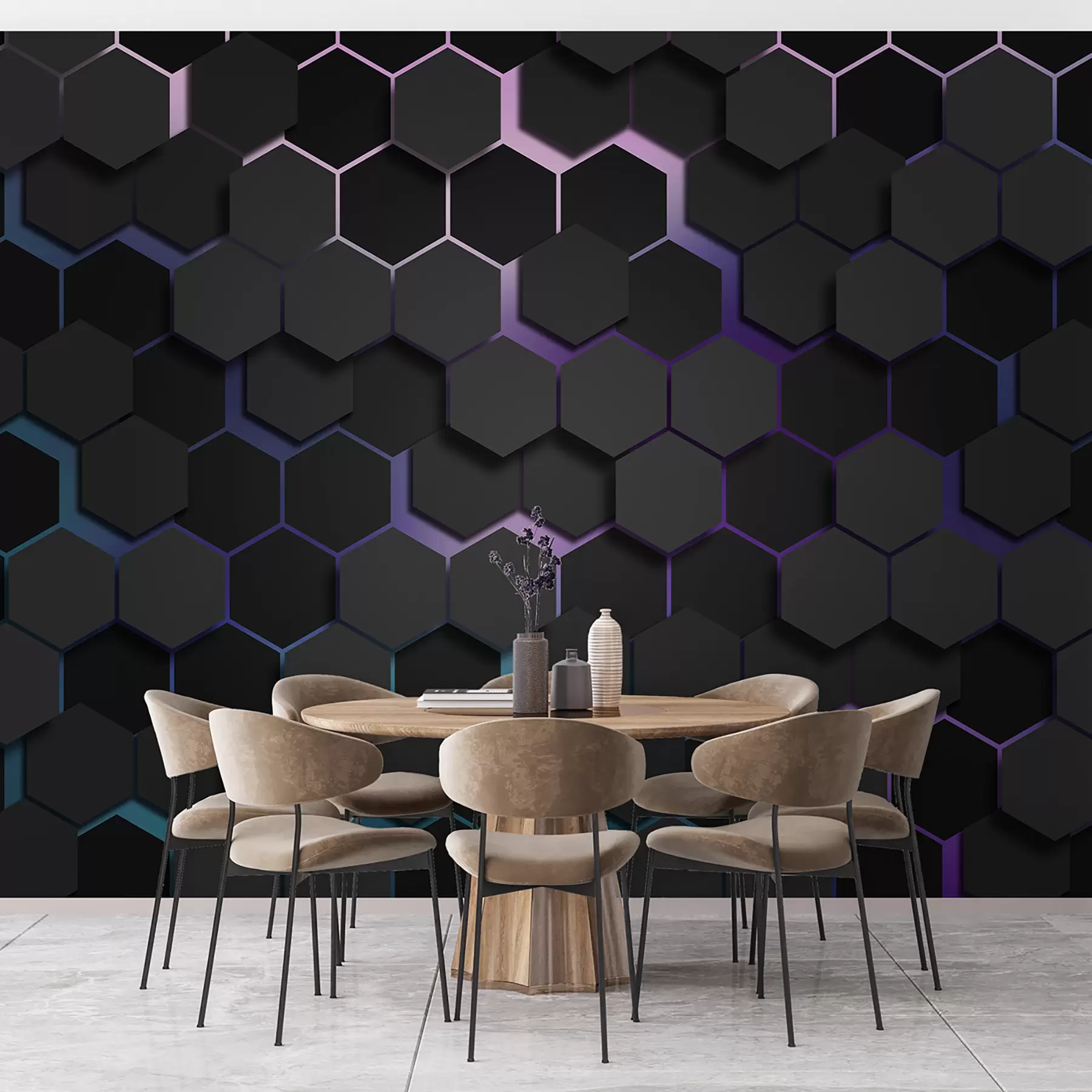 Fototapety Čierne šesťuholníky s 3D efektom v čiernej a fialovej farbe u79935v2