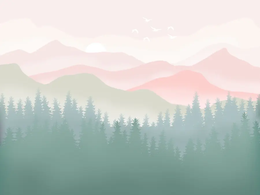 Fototapety Hory v hmle s borovicovým lesom, mäkké prírodné farby, ružová a zelená u98774