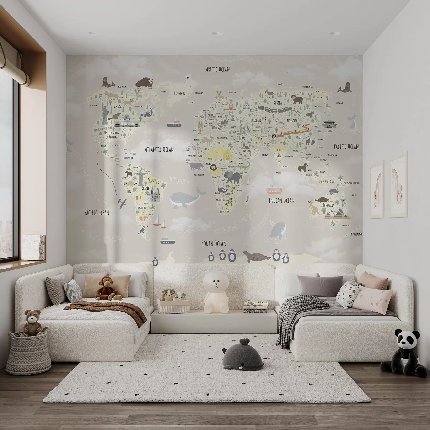 Fototapety Detská mapa sveta so zvieratami a pamiatkami u96587v1