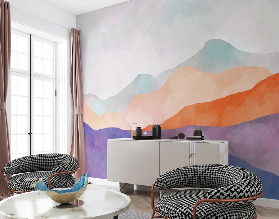 Fototapety Horská krajina, abstraktná kresba, boho štýl, oranžová, žiak, modrá u98991