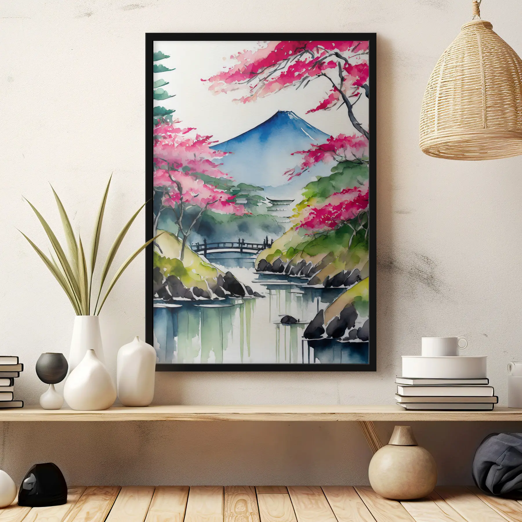 Fototapety Akvarel Japonsko, sakura, hory f36691